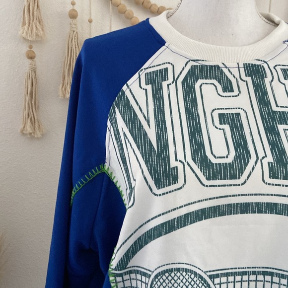 pieced sweatshirt top trendy mixed media long sleeve embroidered blue white M - Picture 3 of 16